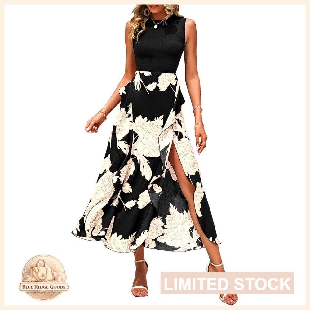 Boho Floral Ruffle Midi Dress Sleeveless Crew Neck A-Line Party Cocktail